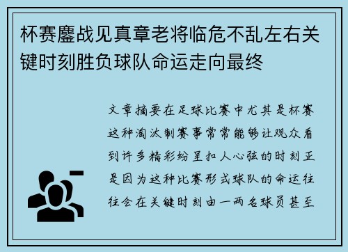 杯赛鏖战见真章老将临危不乱左右关键时刻胜负球队命运走向最终 杯赛鏖战见真章老将临危不乱左右关键时刻胜负球队命运走向最终