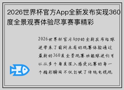 2026世界杯官方App全新发布实现360度全景观赛体验尽享赛事精彩 2026世界杯官方App全新发布实现360度全景观赛体验尽享赛事精彩